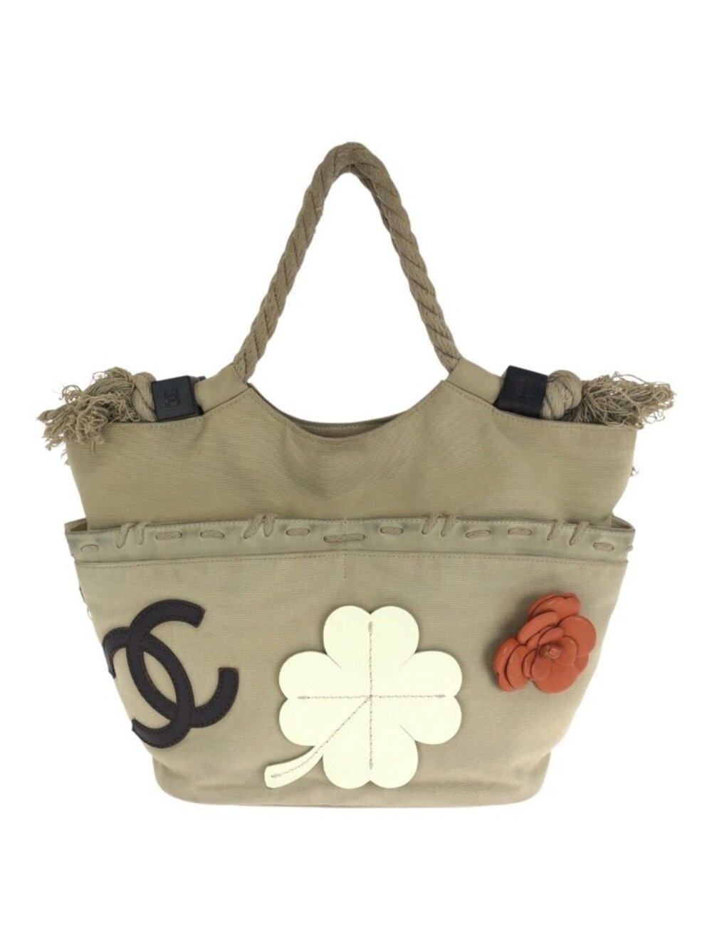 Chanel Fishnet Rope CC Logo Beige Silver Canvas Tote Bag